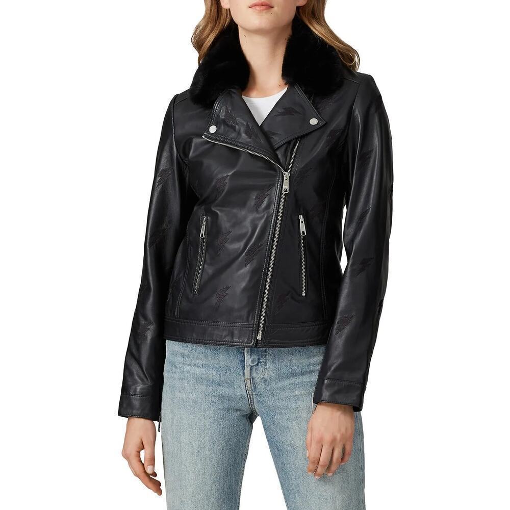 Samantha Sipos Clarkson Jacket Leather Lightning Bolt Moto Biker Black Small